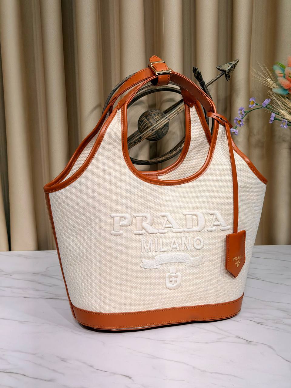 Large Shopping Bag  in Linen and Leather Blend