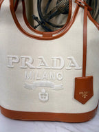 Large Shopping Bag  in Linen and Leather Blend