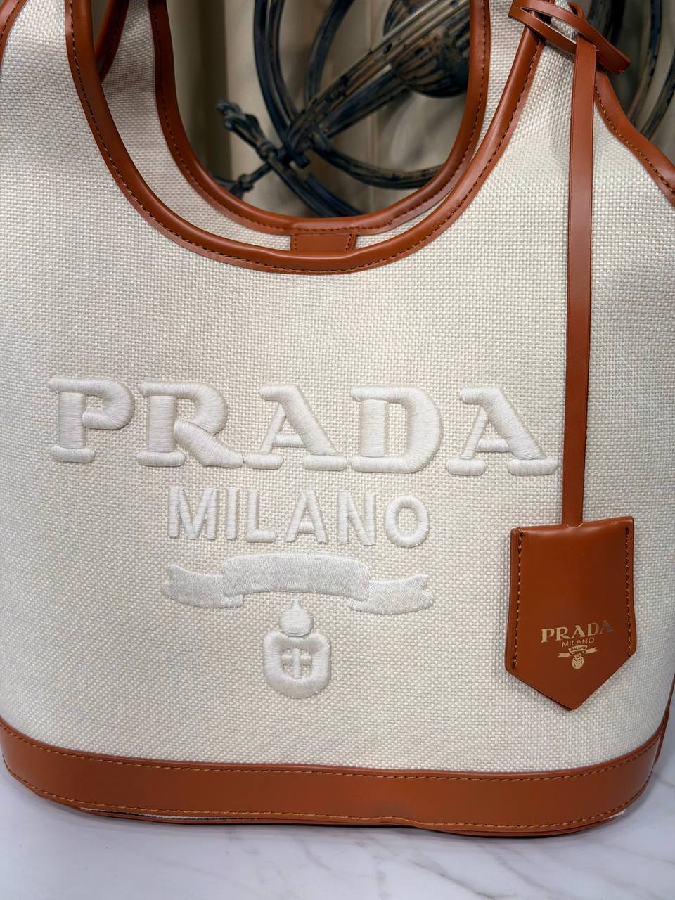 Large Shopping Bag  in Linen and Leather Blend