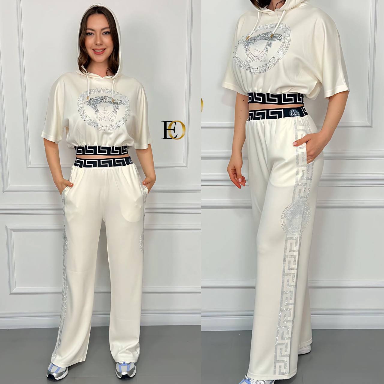 Fabric 2-Piece Set in 2-Thread Cotton with Stone Details