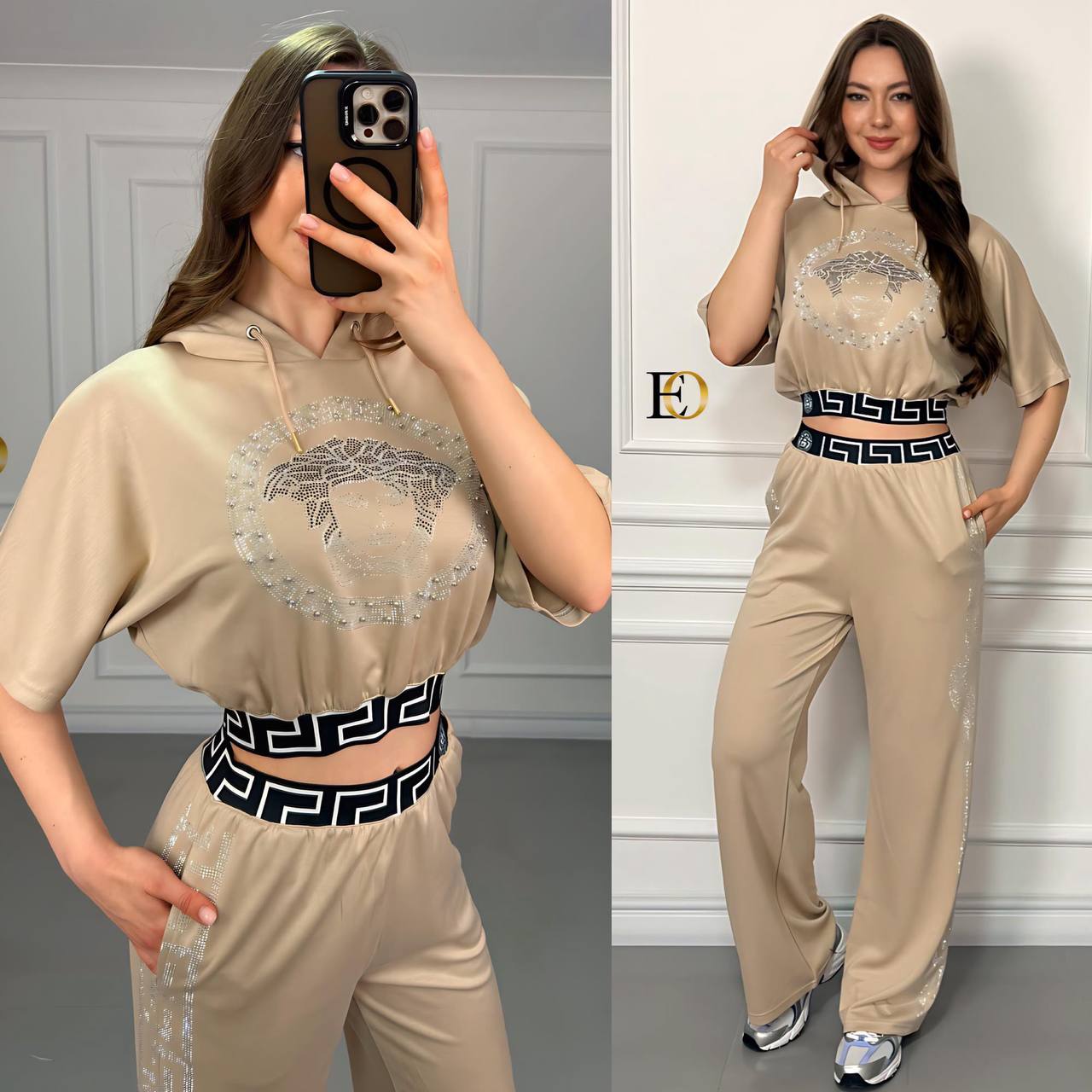 Fabric 2-Piece Set in 2-Thread Cotton with Stone Details